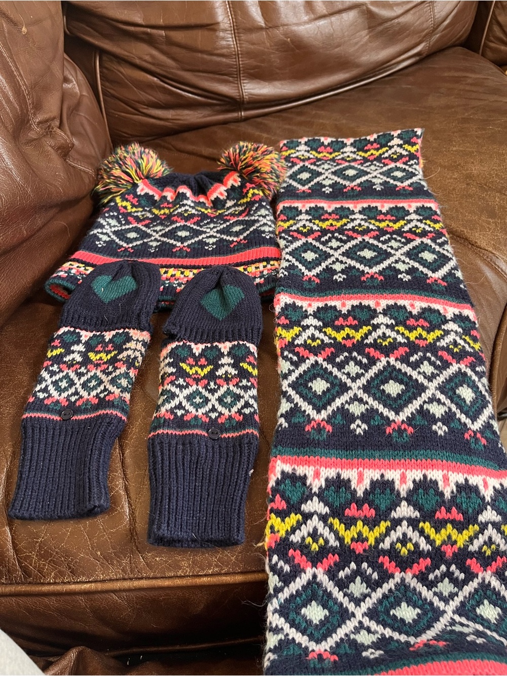 Fair Isle Knit Hat, Mittens & Scarf Set in Navy and Multicolor